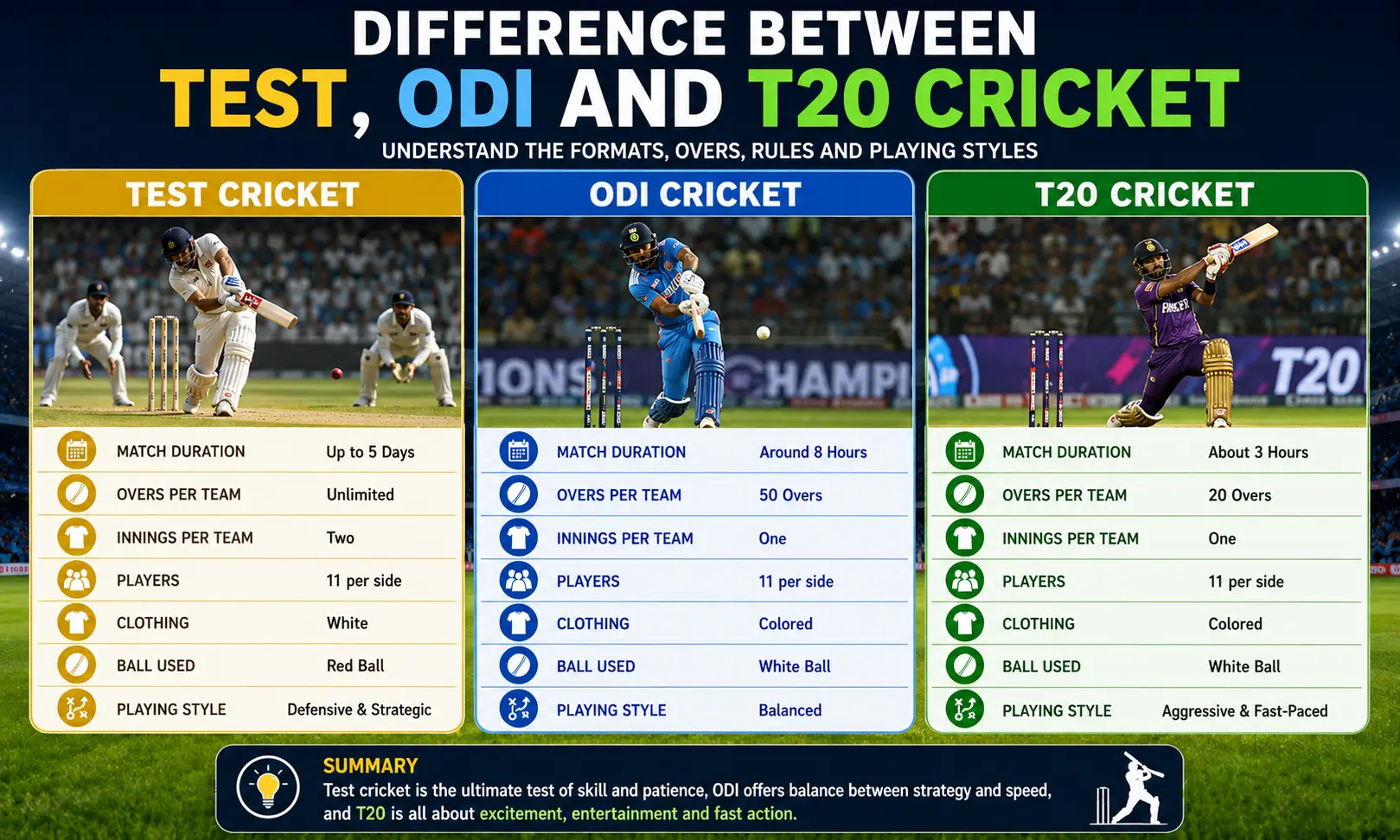 Difference Between Test, ODI and T20 Cricket Explained